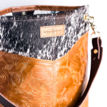 Vintage Cowgirl Collection | Tivoli Shoulder Tote | Brown + White Hair-on-Hide + Golden Rose Embossed