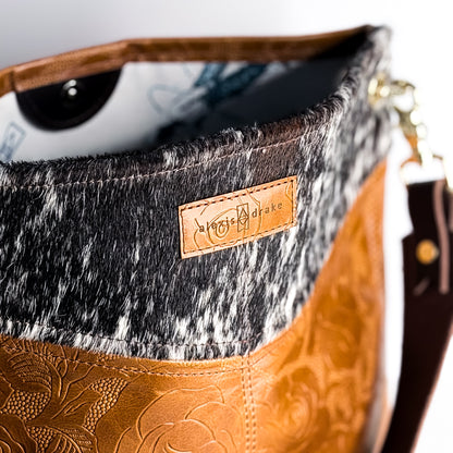Vintage Cowgirl Collection | Tivoli Shoulder Tote | Brown + White Hair-on-Hide + Golden Rose Embossed