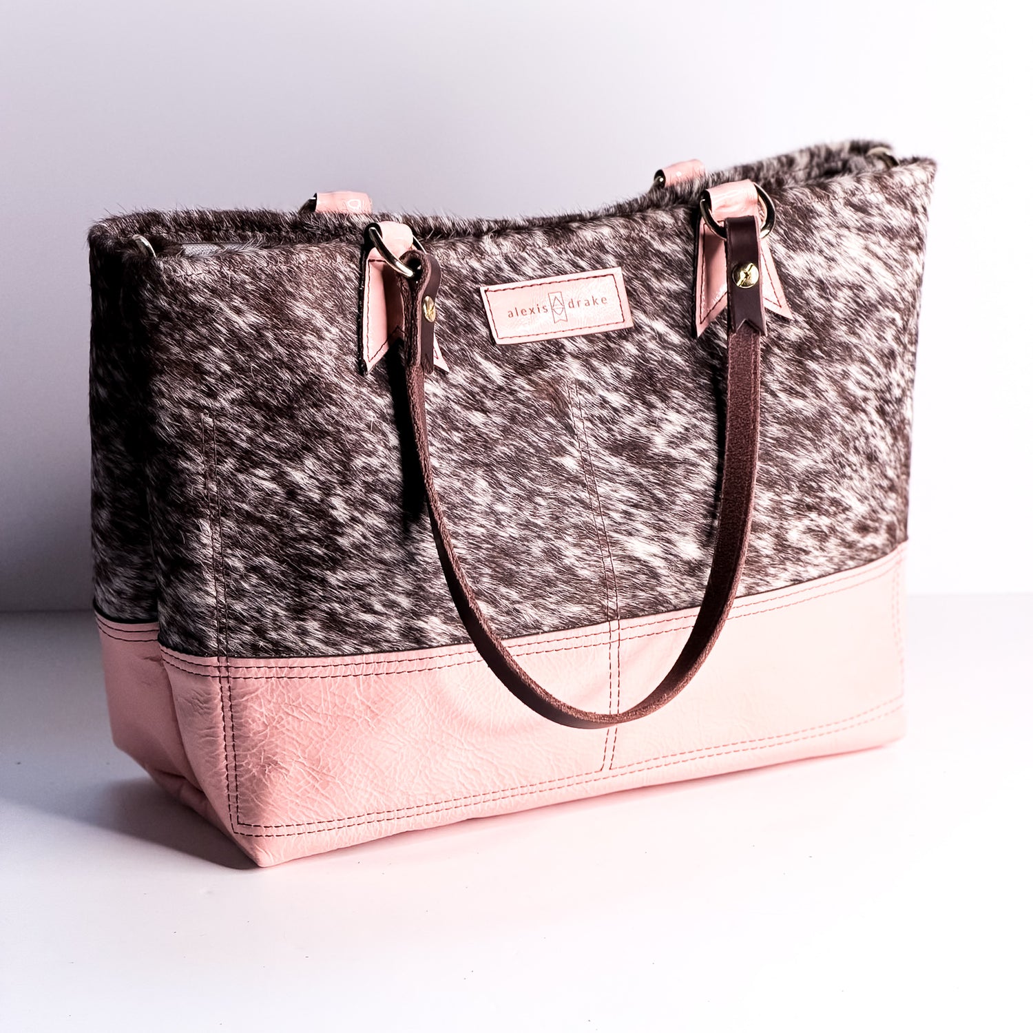 Vintage Cowgirl Collection | Nellie Satchel + Crossbody | Brown + White Hair-on-Hide + Pink Patent