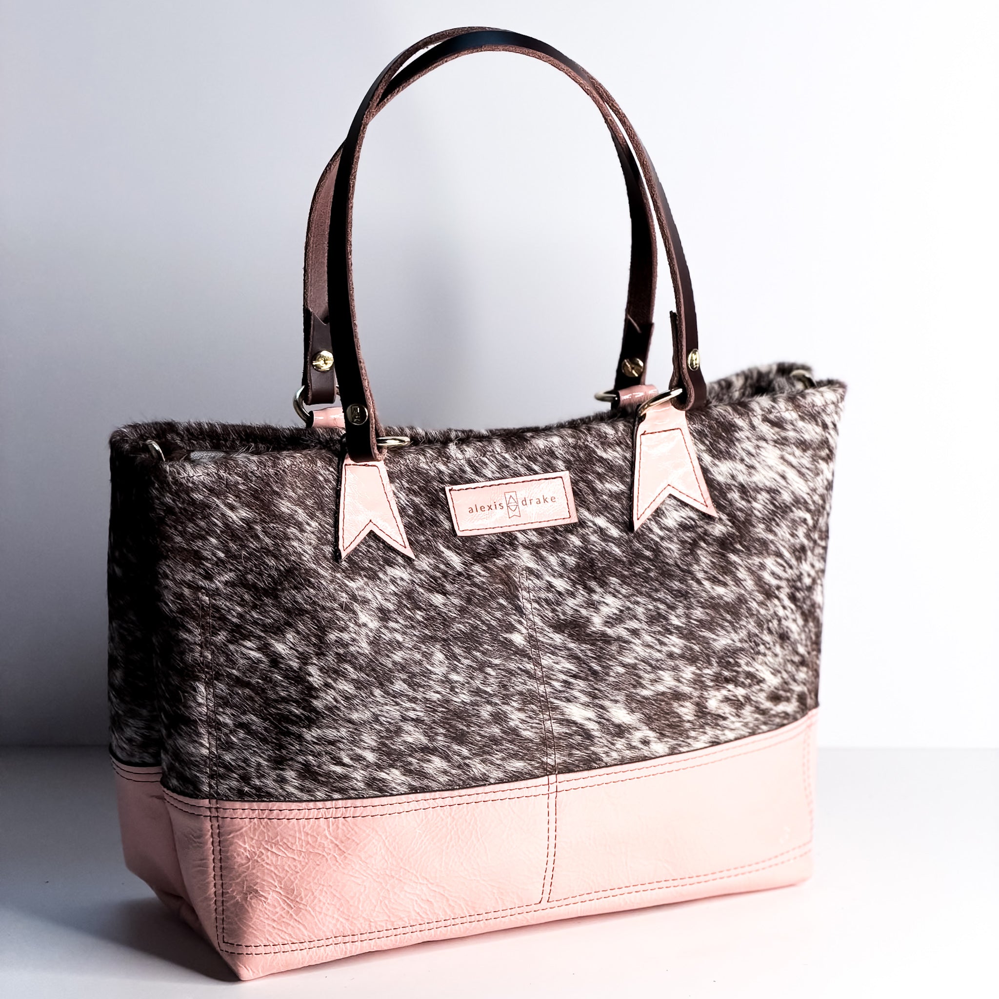 Vintage Cowgirl Collection | Nellie Satchel + Crossbody | Brown + White Hair-on-Hide + Pink Patent