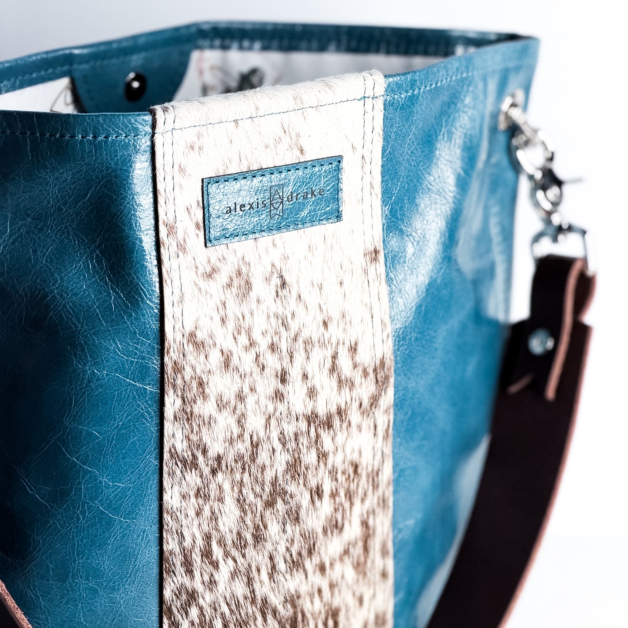 Vintage Cowgirl Collection | Tivoli Shoulder Tote | Denim + Brown + White Hair-on-Hide