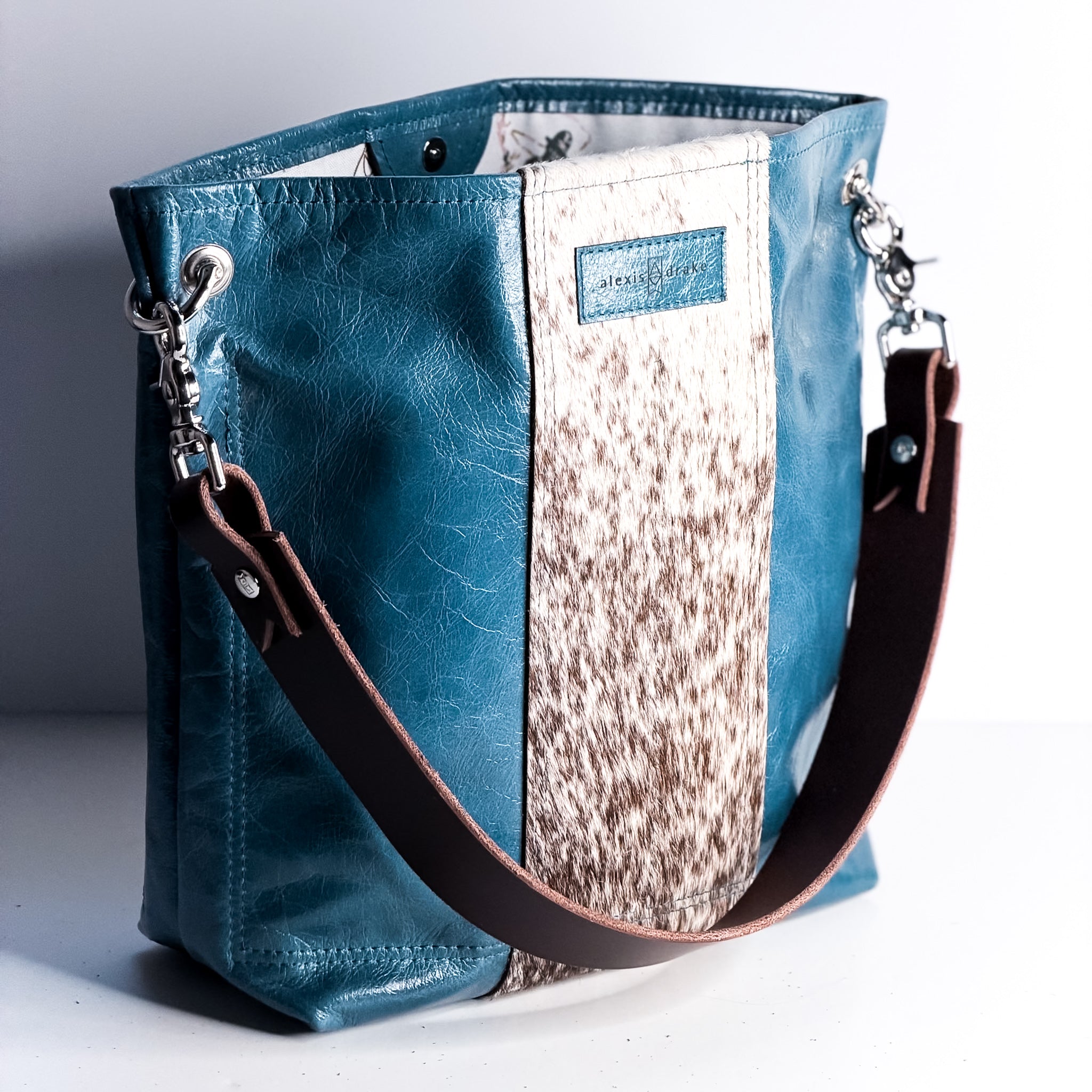 Vintage Cowgirl Collection | Tivoli Shoulder Tote | Denim + Brown + White Hair-on-Hide