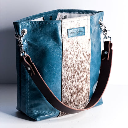 Vintage Cowgirl Collection | Tivoli Shoulder Tote | Denim + Brown + White Hair-on-Hide