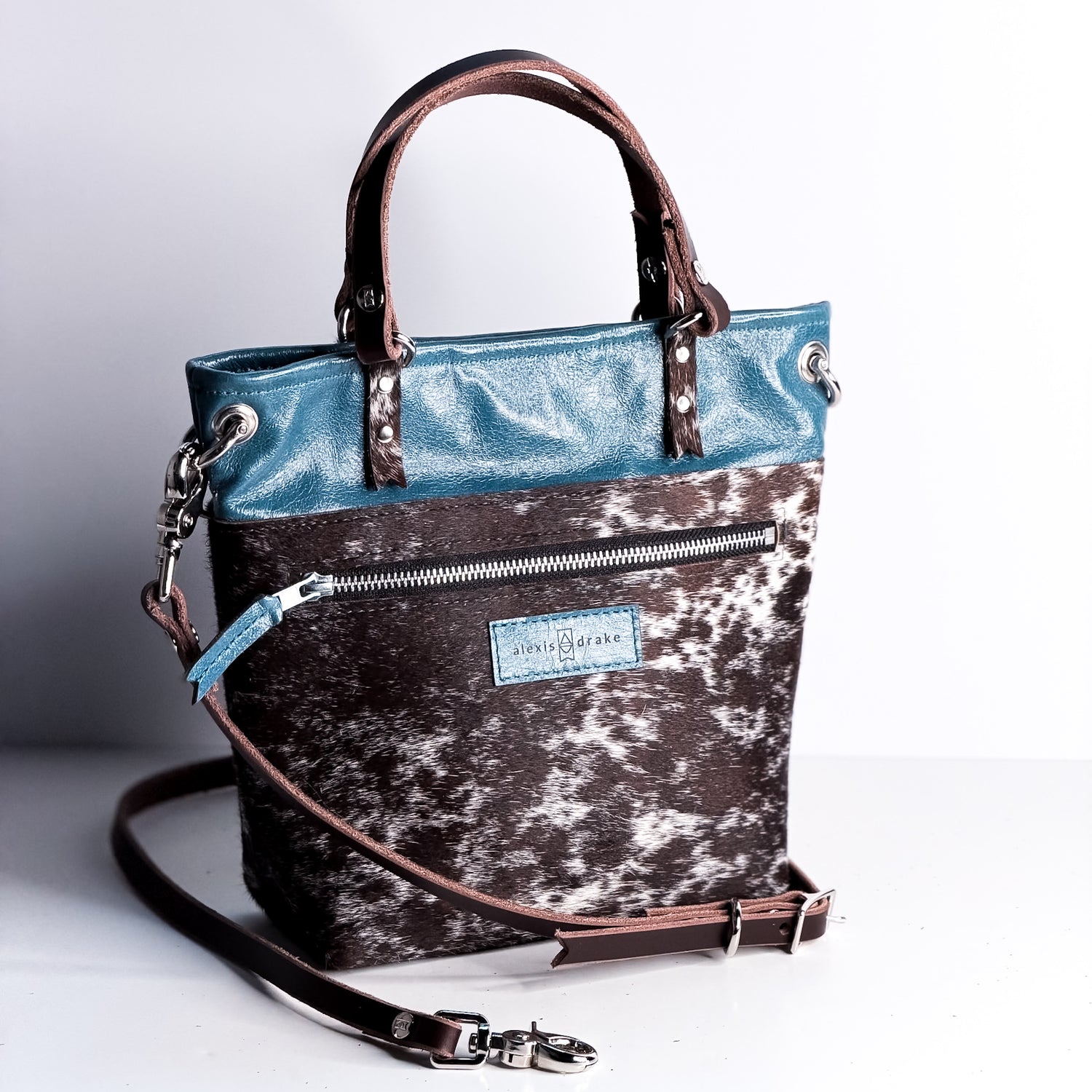 Vintage Cowgirl Collection | Amika Satchel + Crossbody | Denim + Brown + White Hair-on-Hide