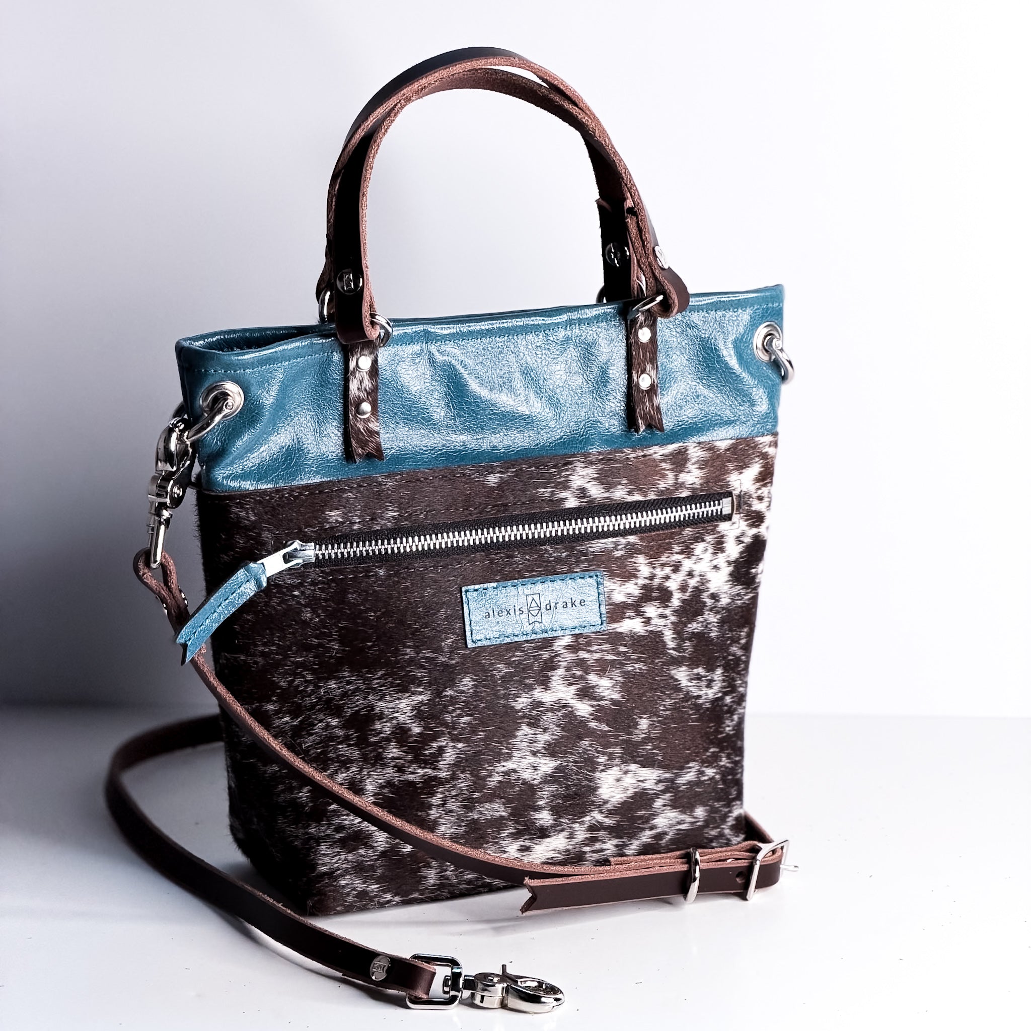 Vintage Cowgirl Collection | Amika Satchel + Crossbody | Denim + Brown + White Hair-on-Hide