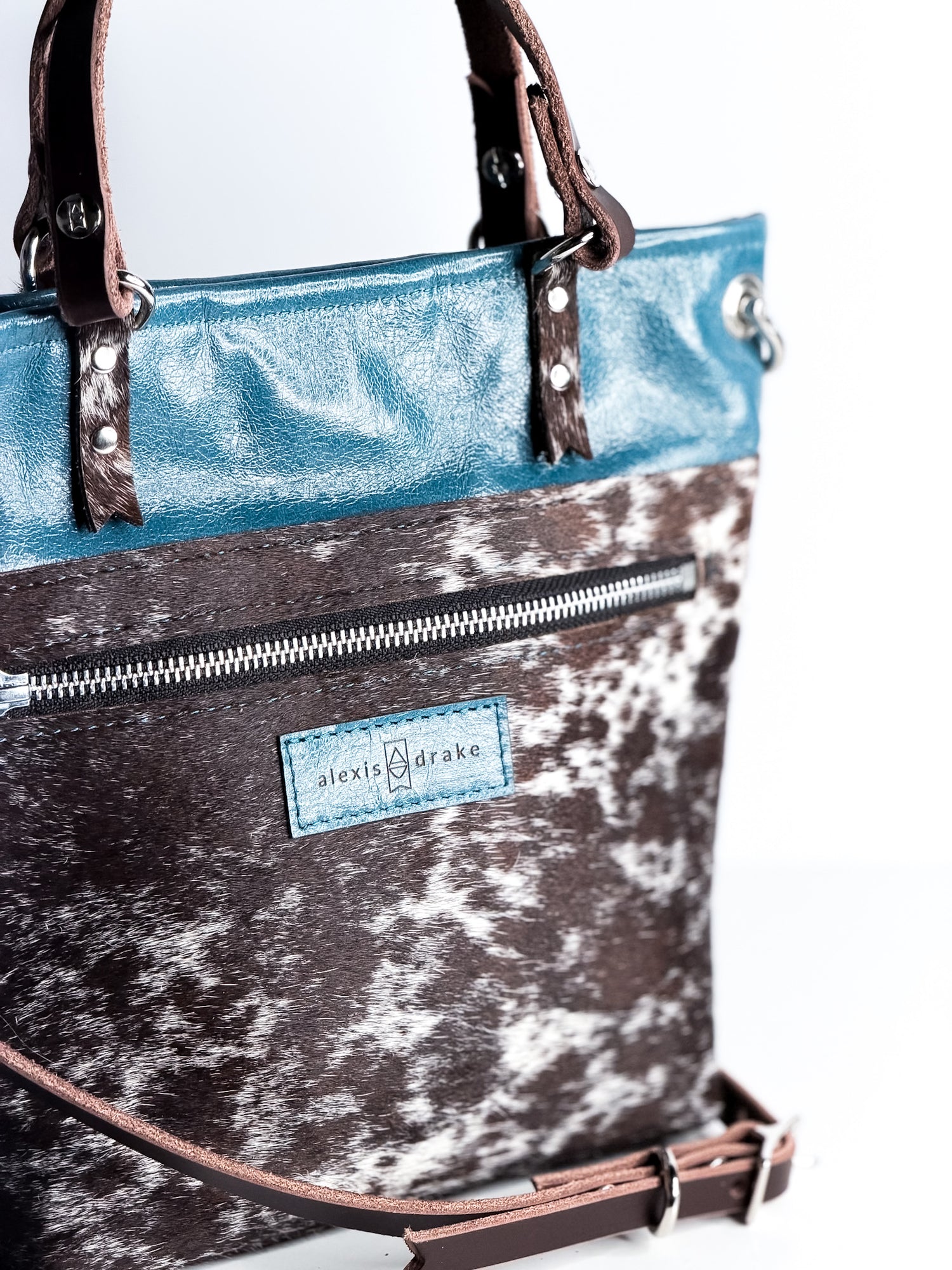 Vintage Cowgirl Collection | Amika Satchel + Crossbody | Denim + Brown + White Hair-on-Hide