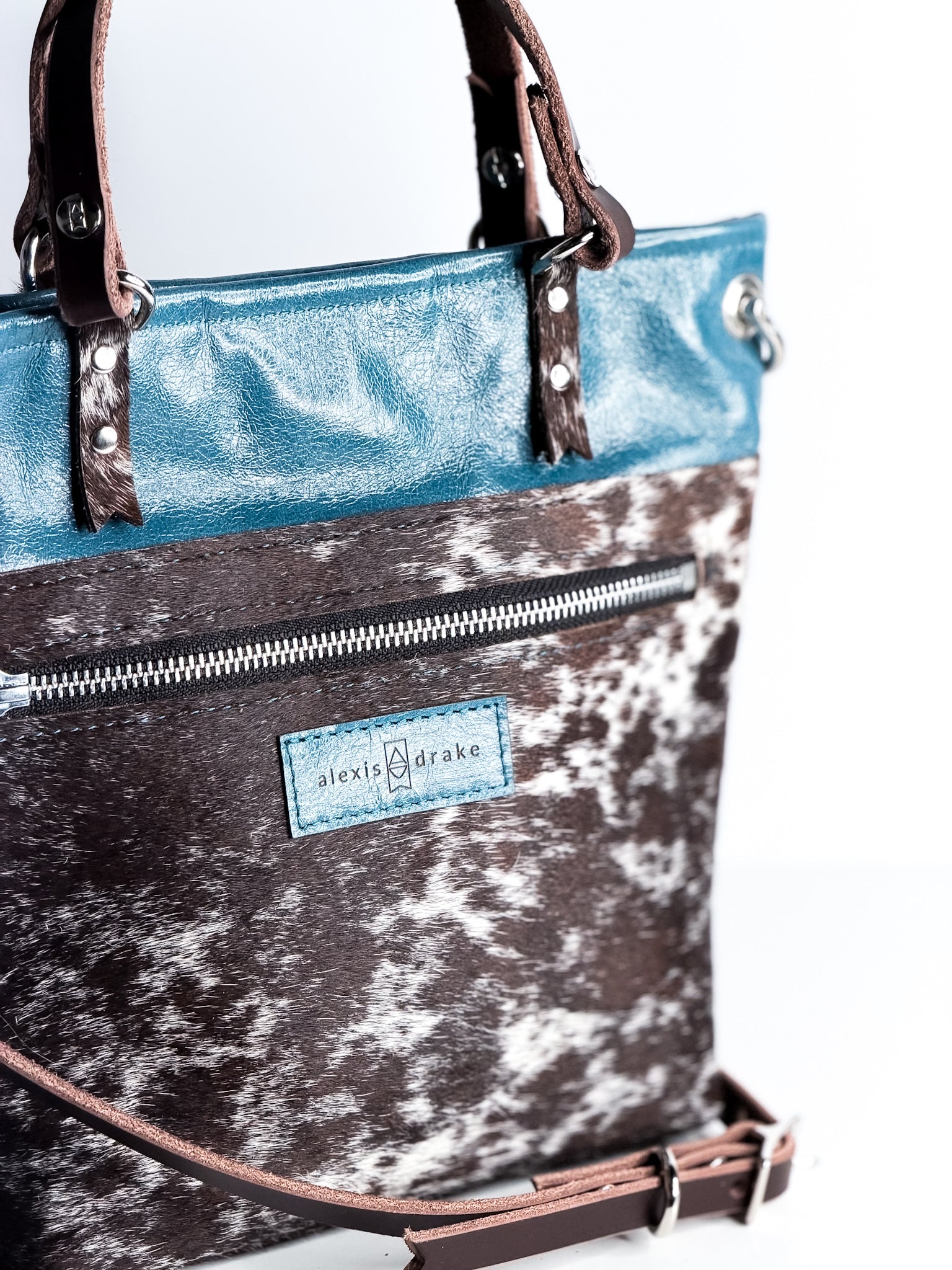 Vintage Cowgirl Collection | Amika Satchel + Crossbody | Denim + Brown + White Hair-on-Hide
