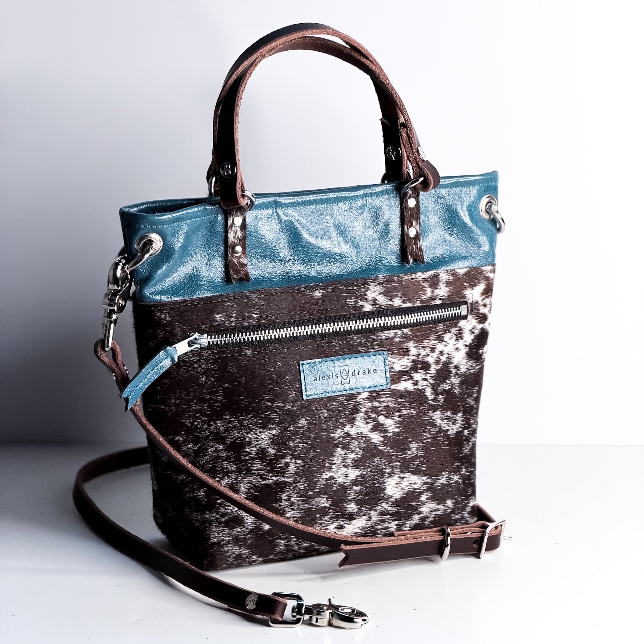 Vintage Cowgirl Collection | Amika Satchel + Crossbody | Denim + Brown + White Hair-on-Hide