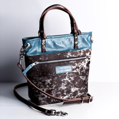 Vintage Cowgirl Collection | Amika Satchel + Crossbody | Denim + Brown + White Hair-on-Hide