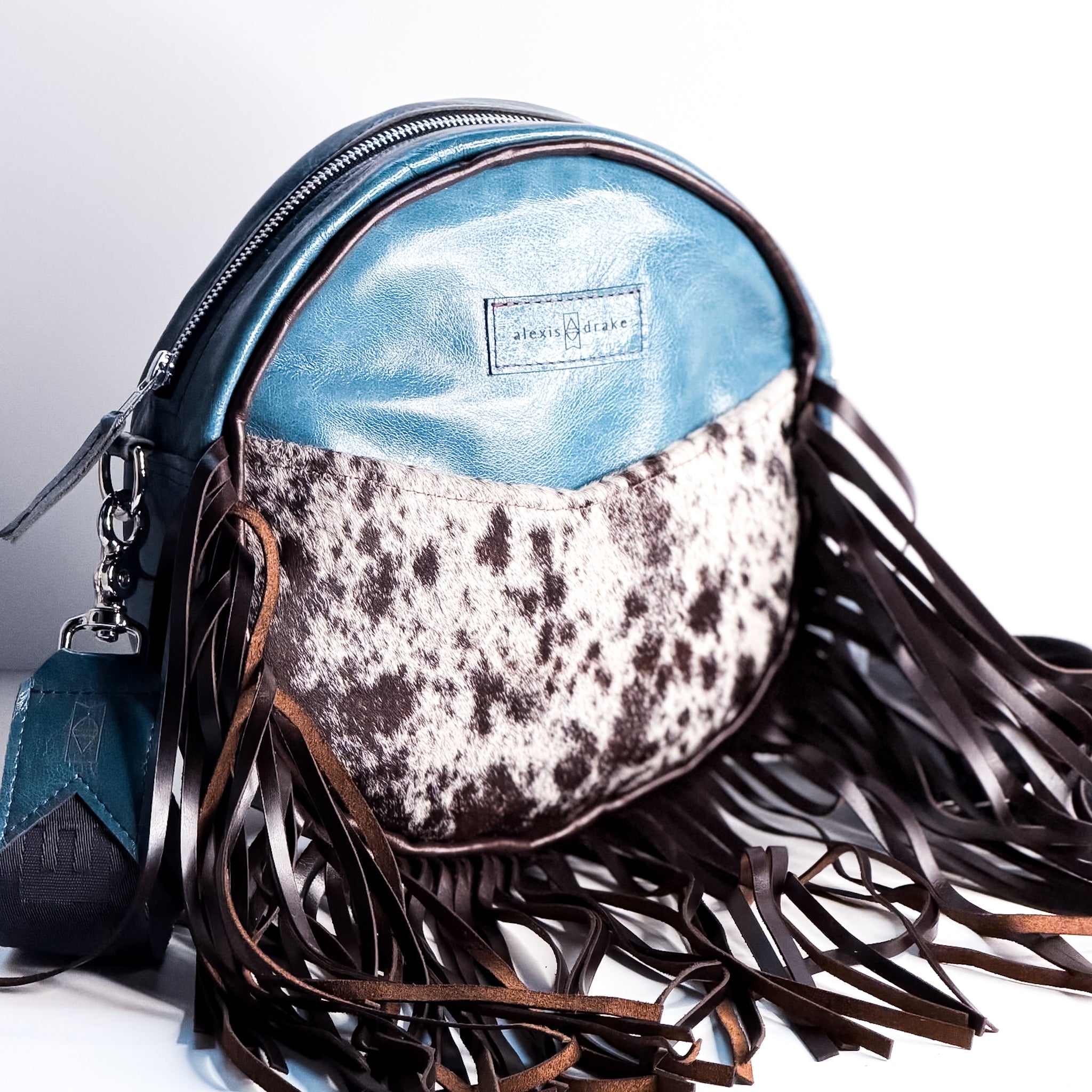 Vintage Cowgirl Collection | Flicka Crossbody | Denim + Brown + White Hair-on-Hide