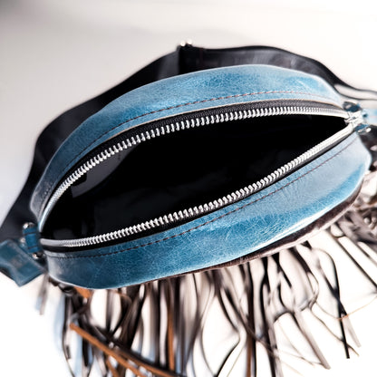 Vintage Cowgirl Collection | Flicka Crossbody | Denim + Brown + White Hair-on-Hide