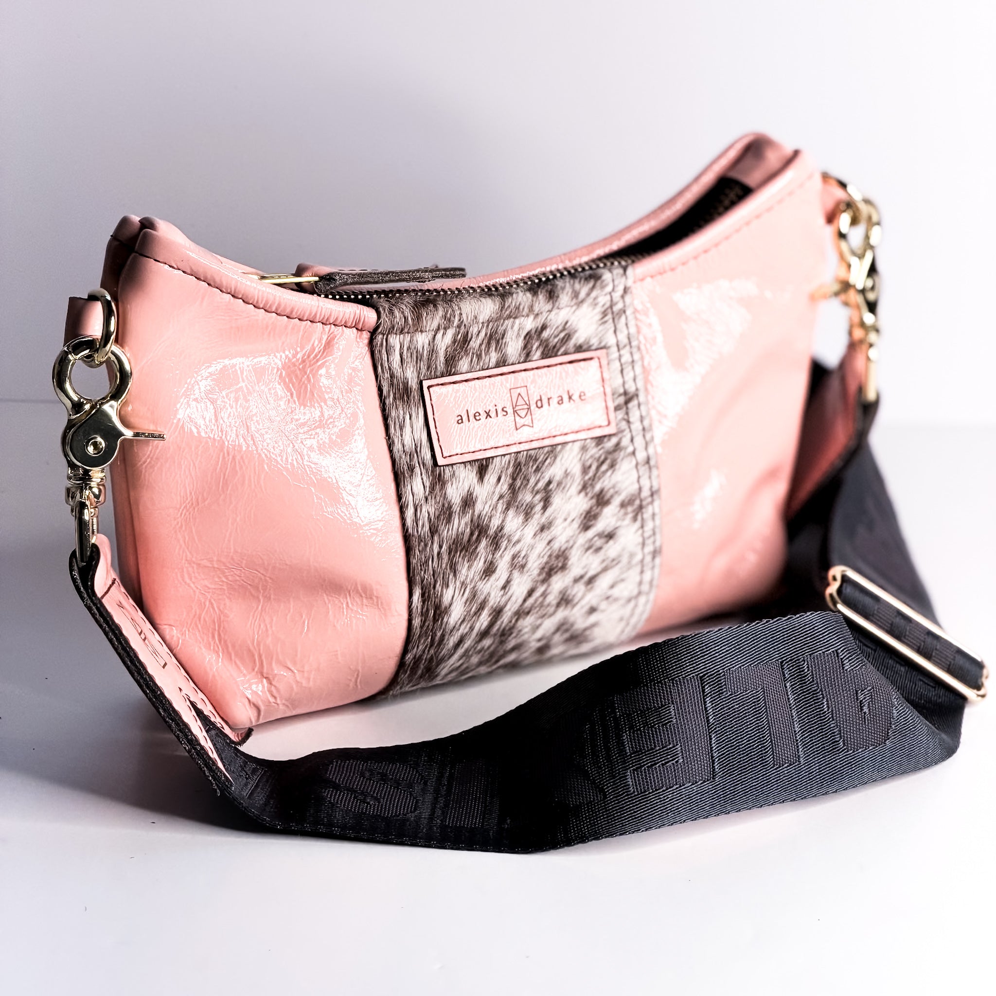 Vintage Cowgirl Collection | Penelope Crossbody | Pink Patent + Brown + White Hair-on-Hide