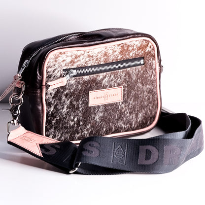Vintage Cowgirl Collection | Maeve Crossbody | Brown + White Hair-on-Hide + Pink Patent