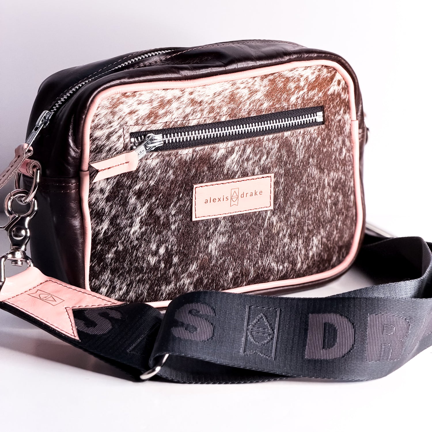 Vintage Cowgirl Collection | Maeve Crossbody | Brown + White Hair-on-Hide + Pink Patent