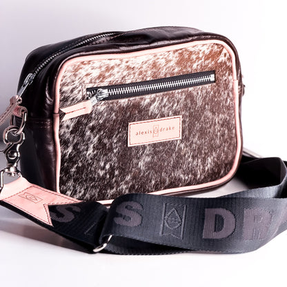 Vintage Cowgirl Collection | Maeve Crossbody | Brown + White Hair-on-Hide + Pink Patent