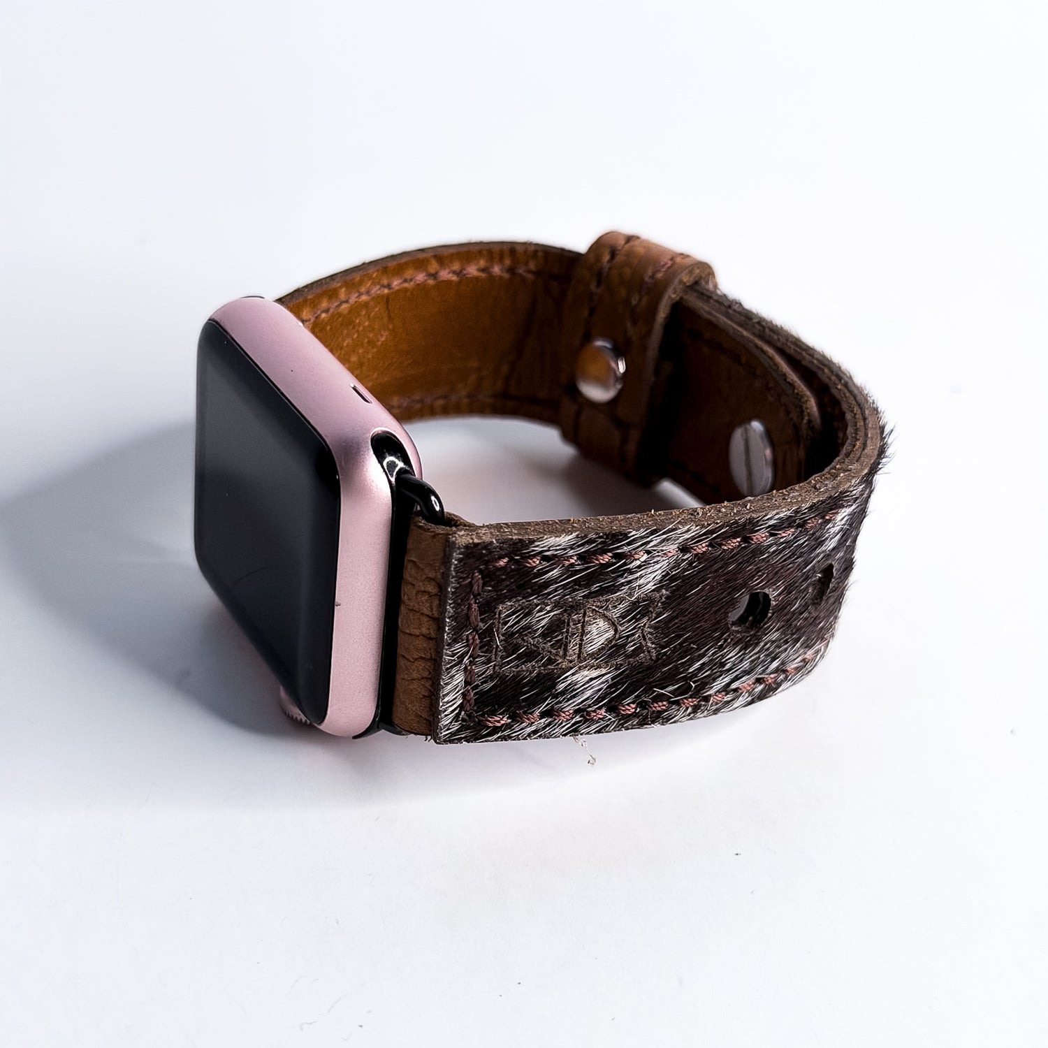 Vintage Cowgirl Collection | Apple Watch Band | Golden Rose Embossed + Brown + White Hair-on-Hide