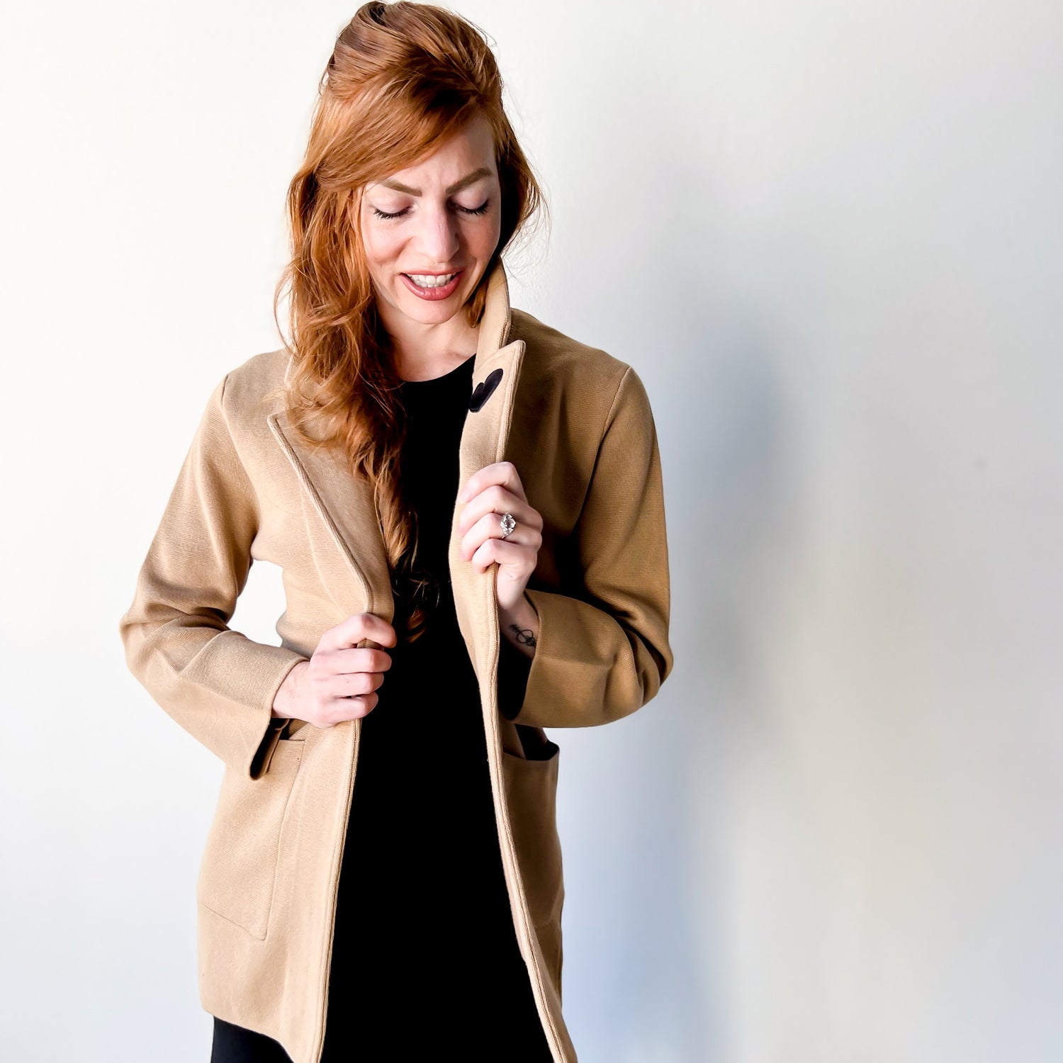 Fall Capsule Collection | Textured Knit 3/4” Blazer | Camel