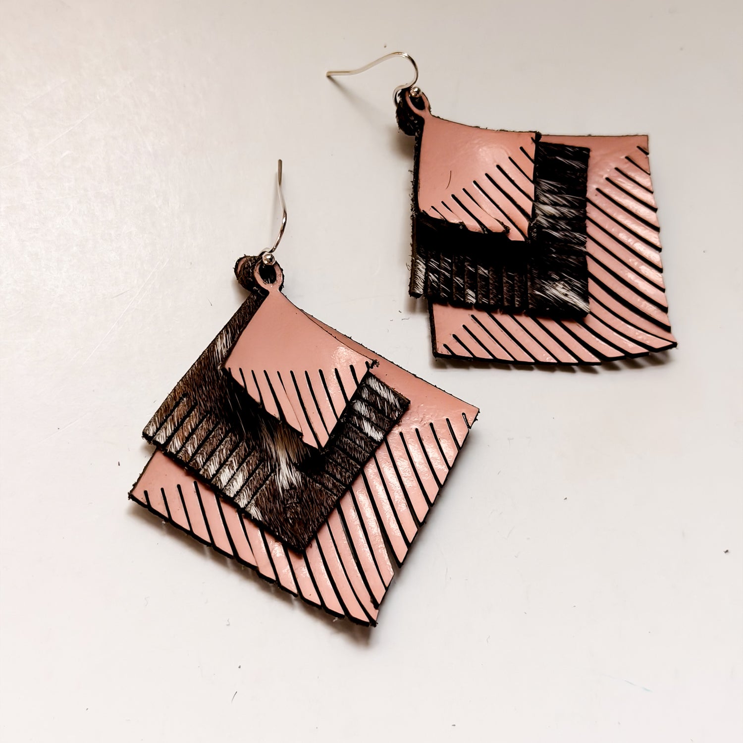 Vintage Cowgirl Collection | Jewelry | Diamond Fringe Leather Earrings | Pink Patent + Brown + White Hair-on-Hide