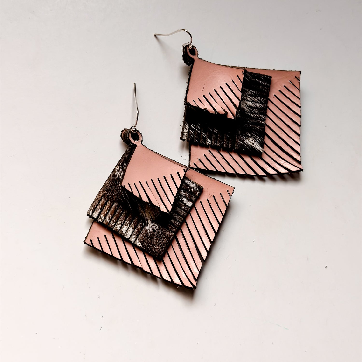 Vintage Cowgirl Collection | Jewelry | Diamond Fringe Leather Earrings | Pink Patent + Brown + White Hair-on-Hide