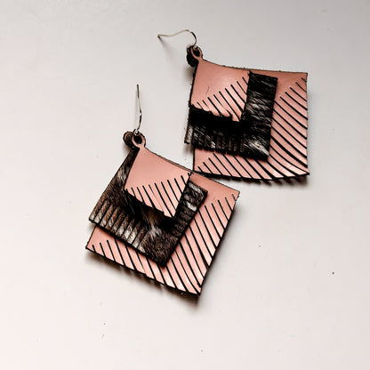 Vintage Cowgirl Collection | Jewelry | Diamond Fringe Leather Earrings | Pink Patent + Brown + White Hair-on-Hide