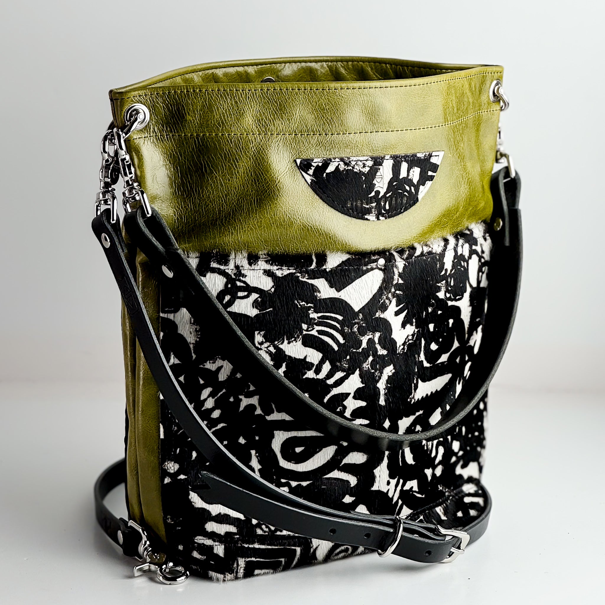 Urban Edge Collection | Train Shoulder Tote + Crossbody | Olive Leaf + Newsprint Hair-on-Hide