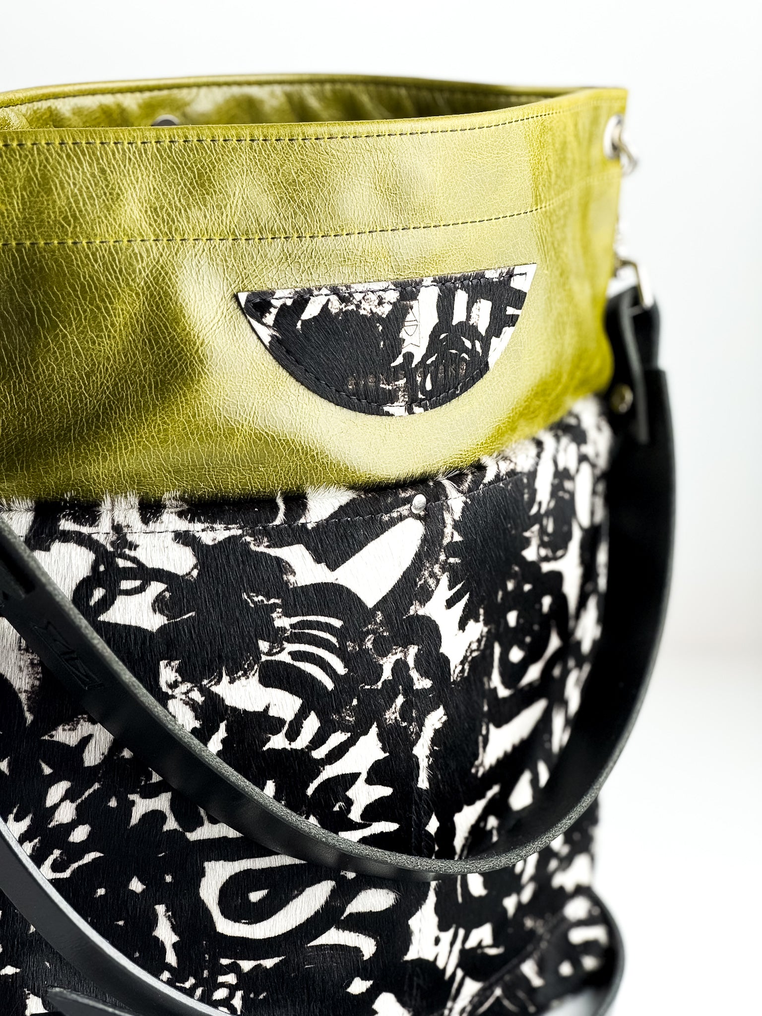 Urban Edge Collection | Train Shoulder Tote + Crossbody | Olive Leaf + Newsprint Hair-on-Hide