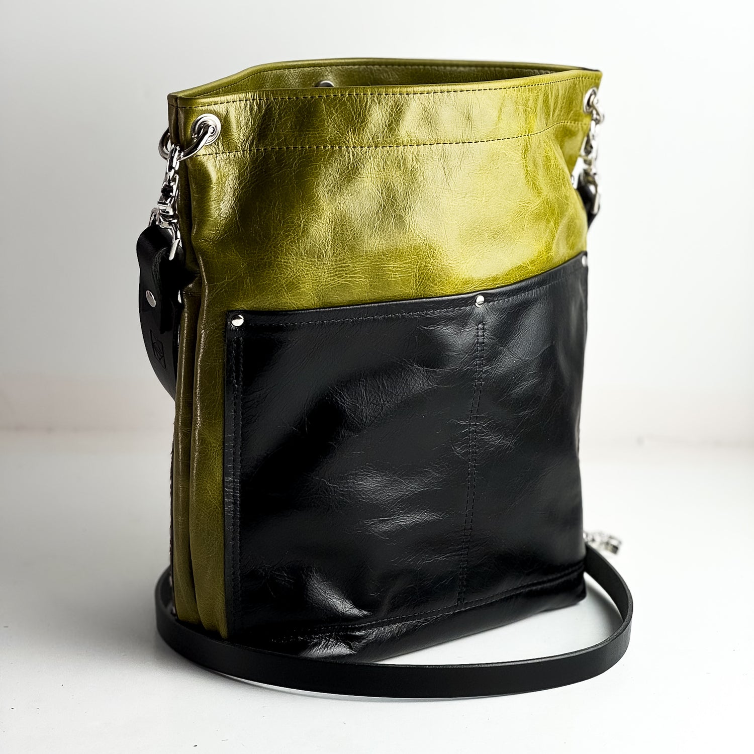 Urban Edge Collection | Train Shoulder Tote + Crossbody | Olive Leaf + Newsprint Hair-on-Hide