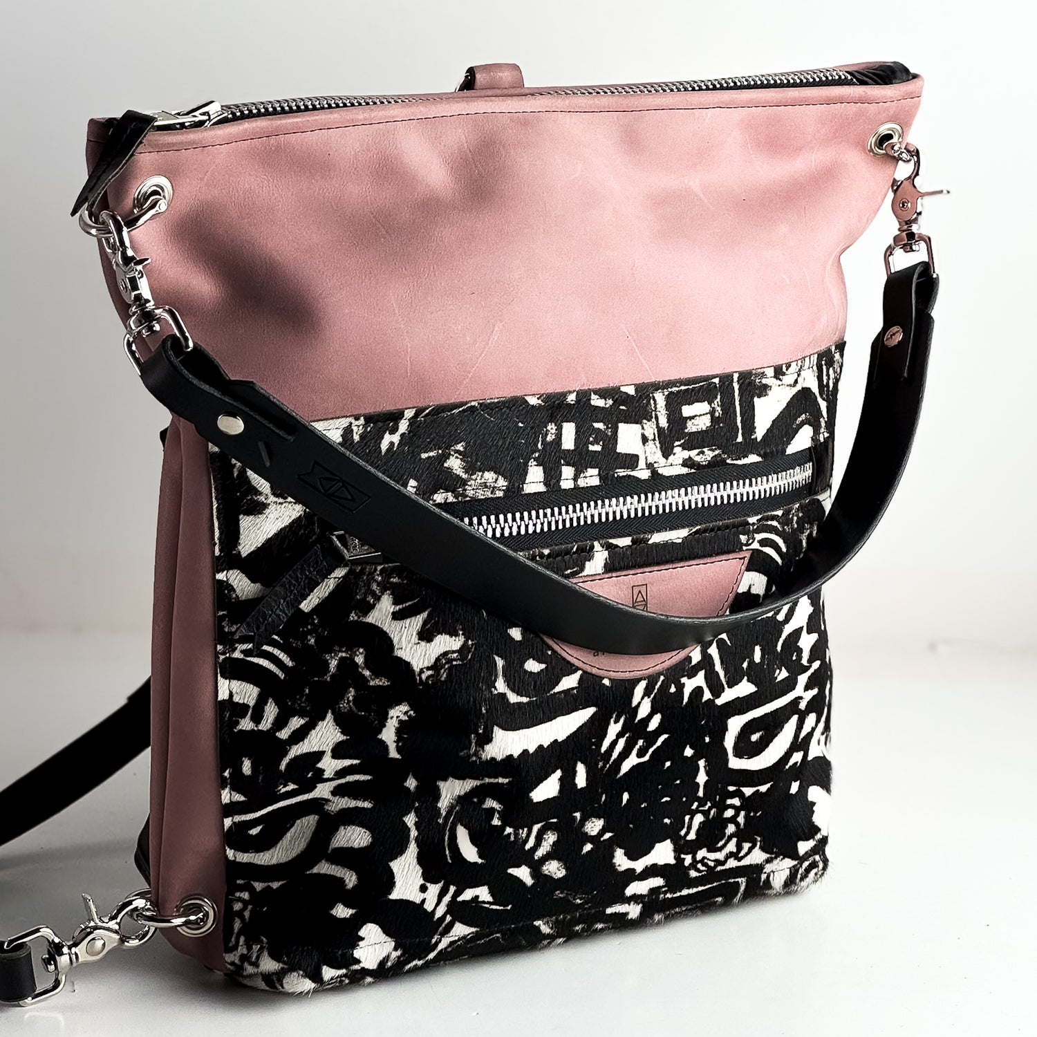 Urban Edge Collection | Backpack Shoulder Tote | Distressed Pink Jade + Newsprint Hair-on-Hide