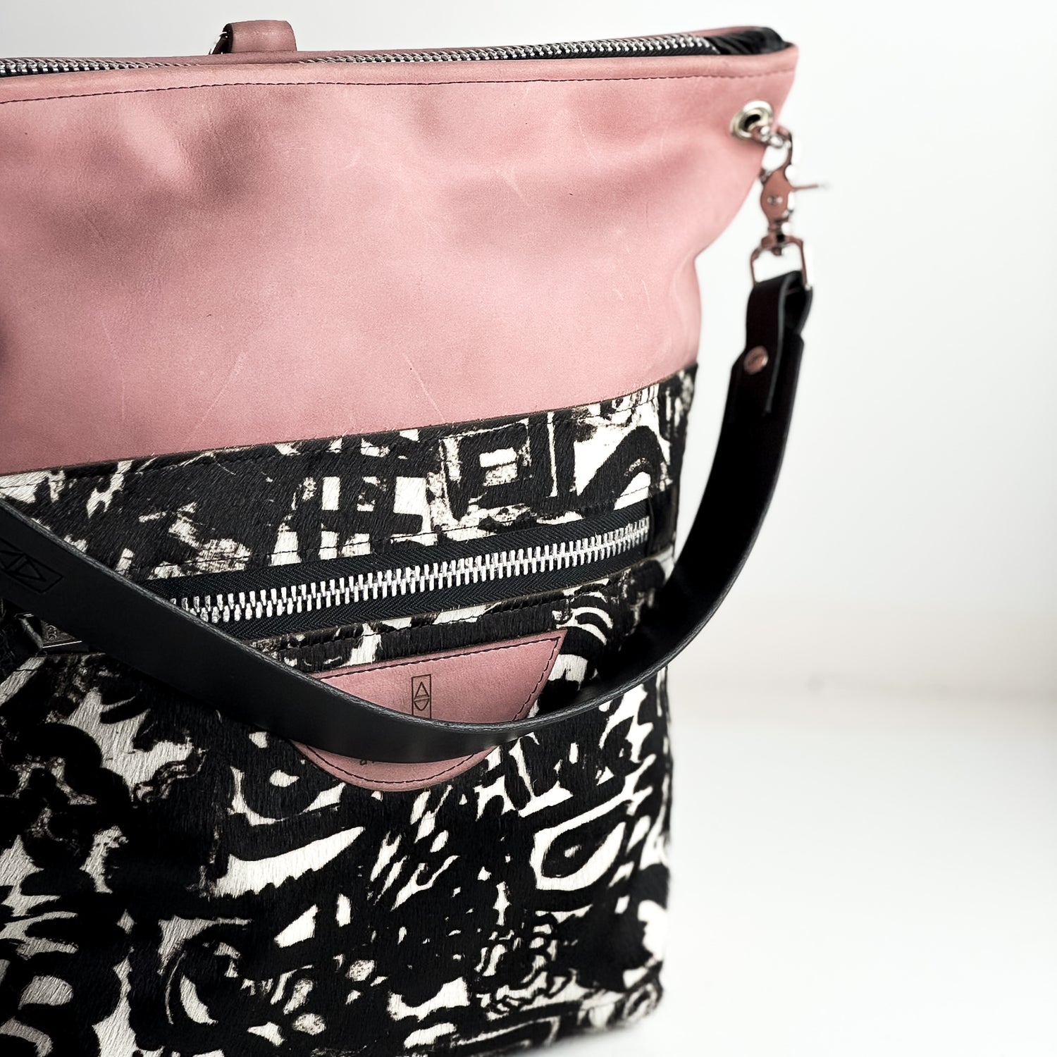 Urban Edge Collection | Backpack Shoulder Tote | Distressed Pink Jade + Newsprint Hair-on-Hide