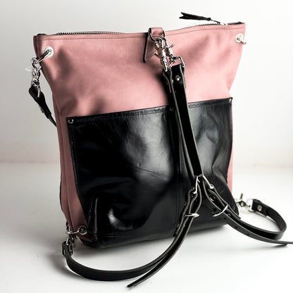 Urban Edge Collection | Backpack Shoulder Tote | Distressed Pink Jade + Newsprint Hair-on-Hide