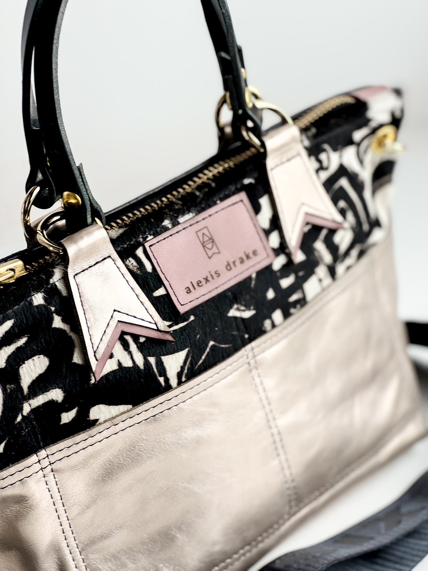 Urban Edge Collection | Coco Satchel + Crossbody | Newsprint Hair-on-Hide + Champagne Steel