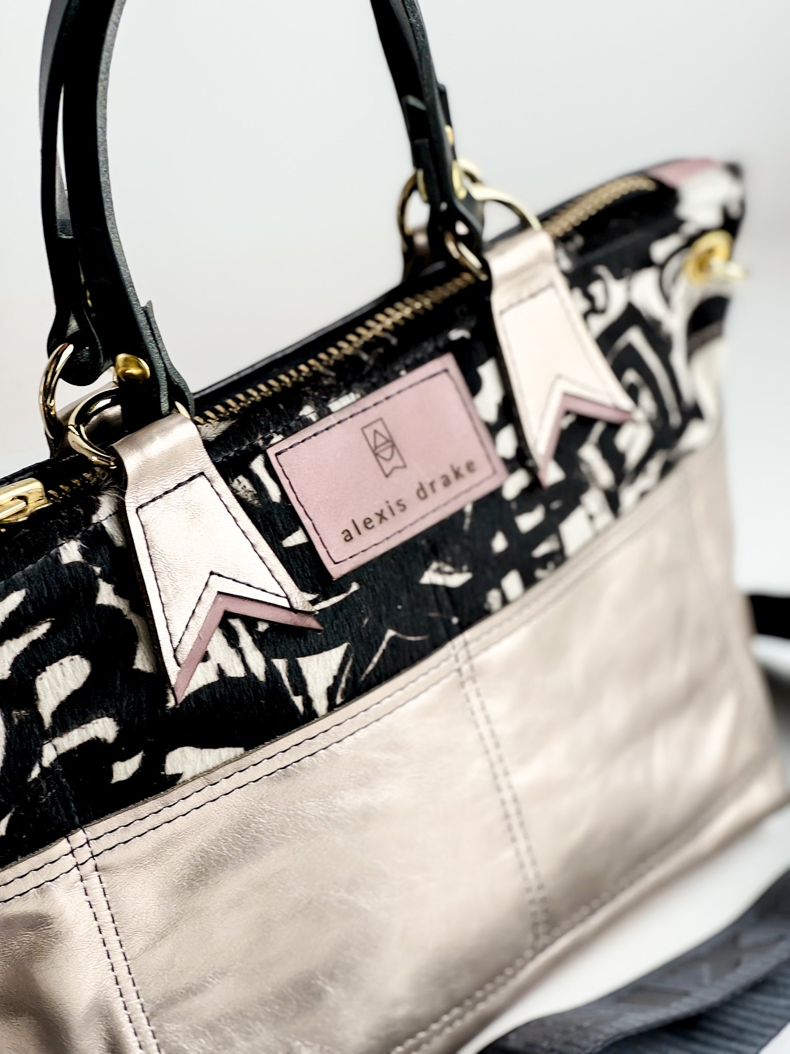 Urban Edge Collection | Coco Satchel + Crossbody | Newsprint Hair-on-Hide + Champagne Steel