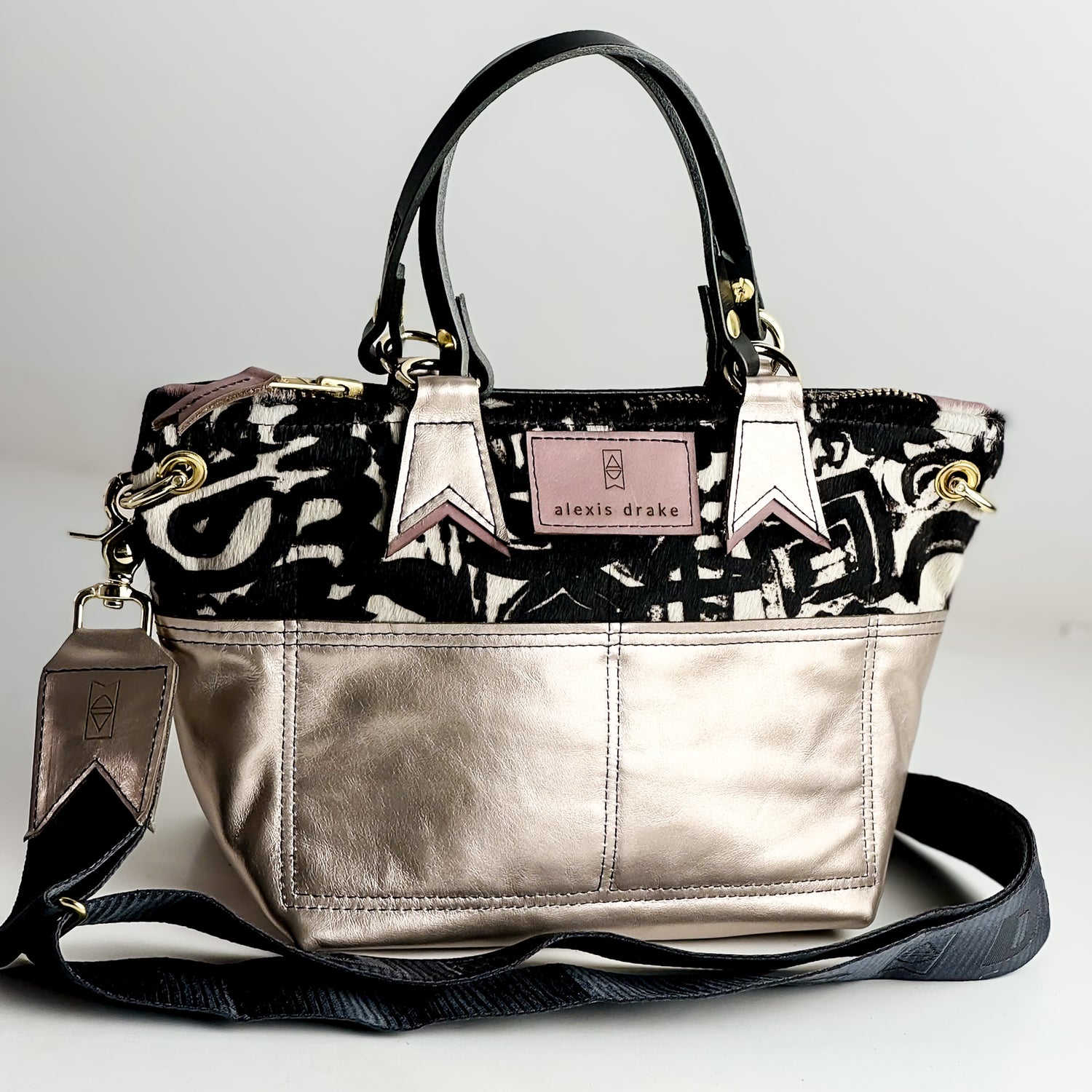 Urban Edge Collection | Coco Satchel + Crossbody | Newsprint Hair-on-Hide + Champagne Steel