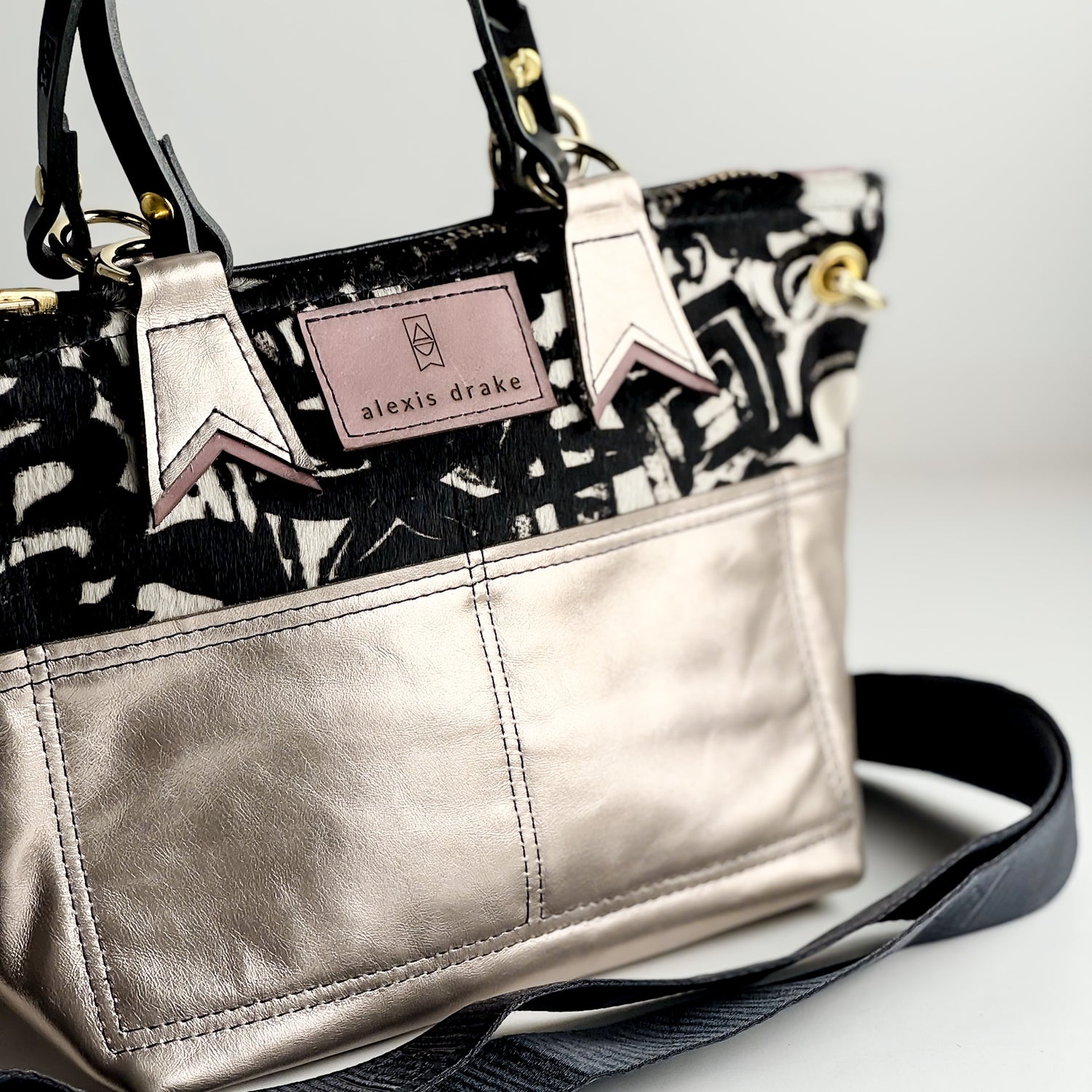 Urban Edge Collection | Coco Satchel + Crossbody | Newsprint Hair-on-Hide + Champagne Steel