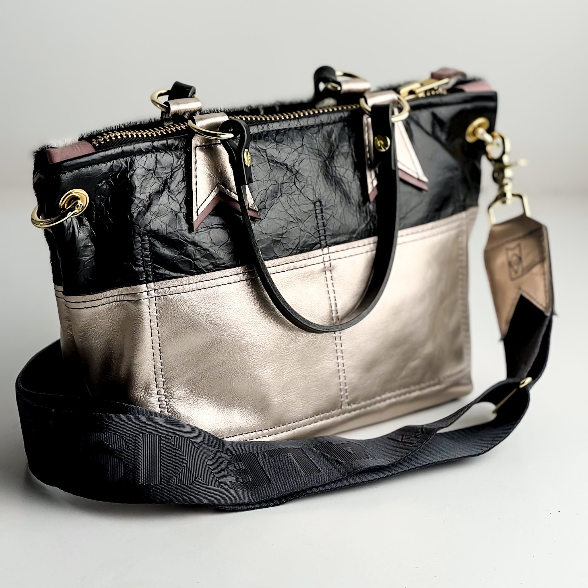 Urban Edge Collection | Coco Satchel + Crossbody | Newsprint Hair-on-Hide + Champagne Steel