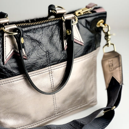 Urban Edge Collection | Coco Satchel + Crossbody | Newsprint Hair-on-Hide + Champagne Steel