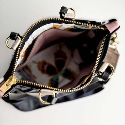 Urban Edge Collection | Coco Satchel + Crossbody | Newsprint Hair-on-Hide + Champagne Steel