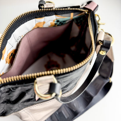 Urban Edge Collection | Coco Satchel + Crossbody | Newsprint Hair-on-Hide + Champagne Steel