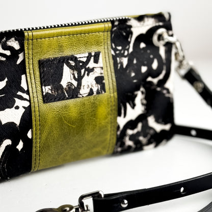 Urban Edge Collection | Belt Bag Crossbody | Newsprint Hair-on-Hide + Olive Leaf