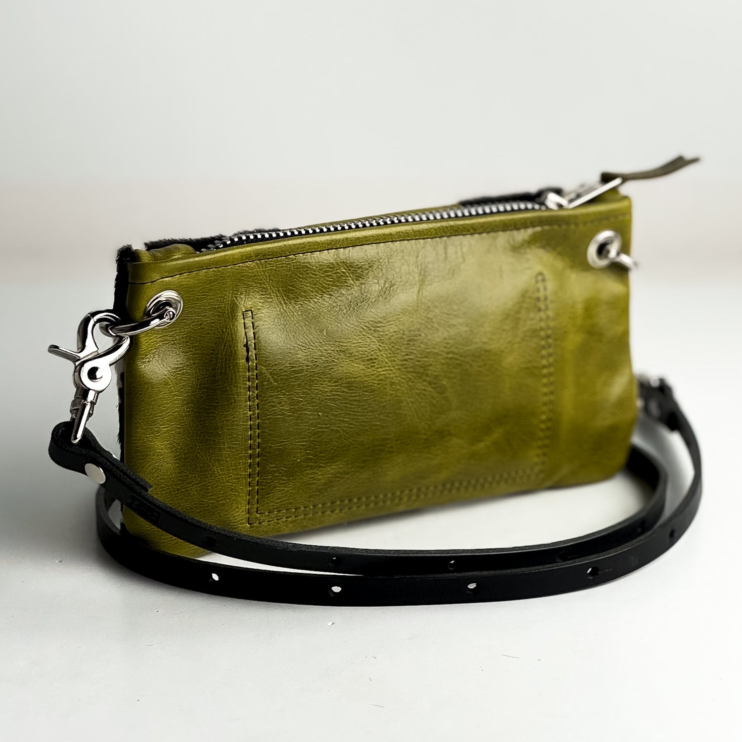 Urban Edge Collection | Belt Bag Crossbody | Newsprint Hair-on-Hide + Olive Leaf