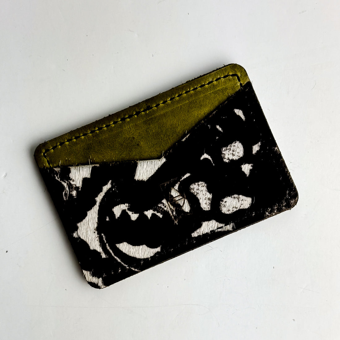 Urban Edge Collection | Card Holder | Olive Leaf + Newsprint Hair-on-Hide