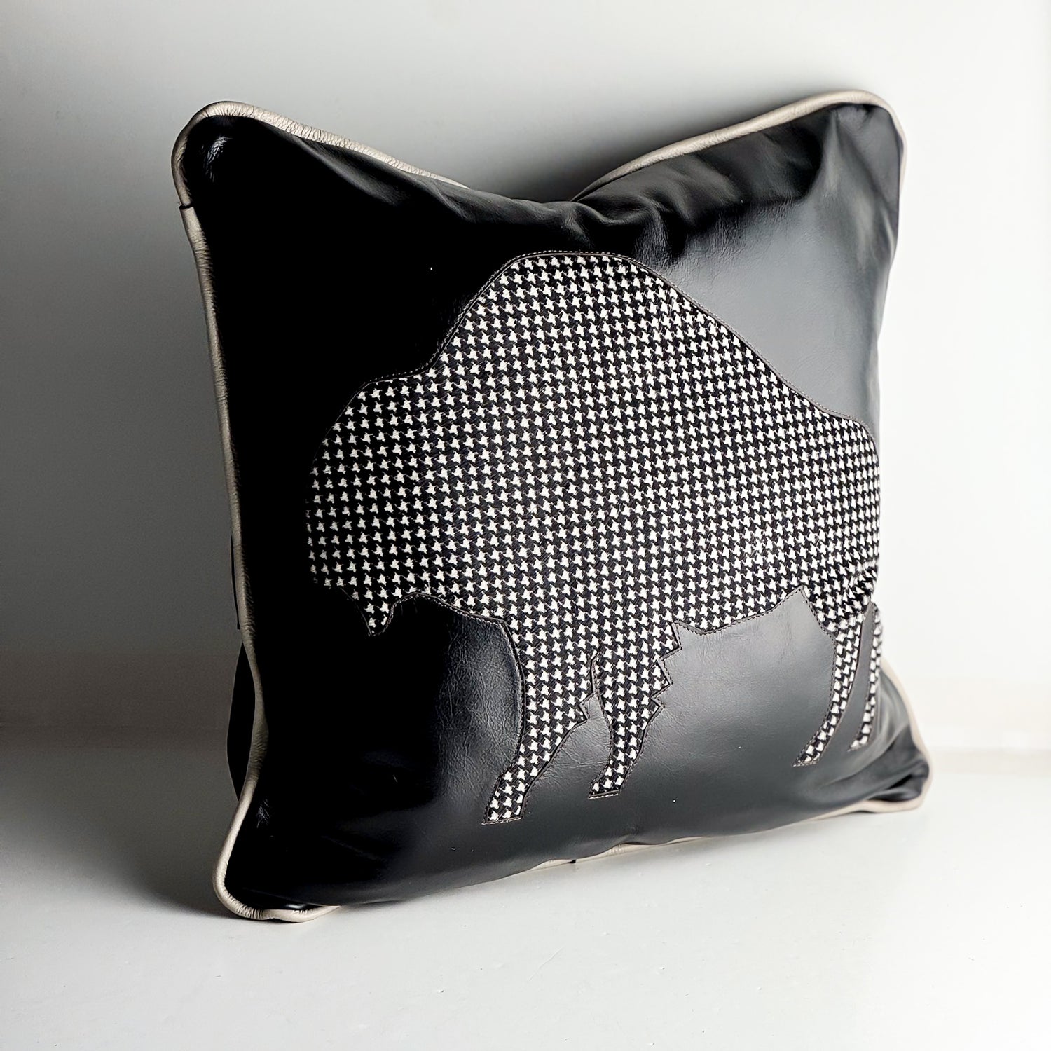 Home Collection | Square Pillow | Bison | Black + Houndstooth Hair-on-Hide