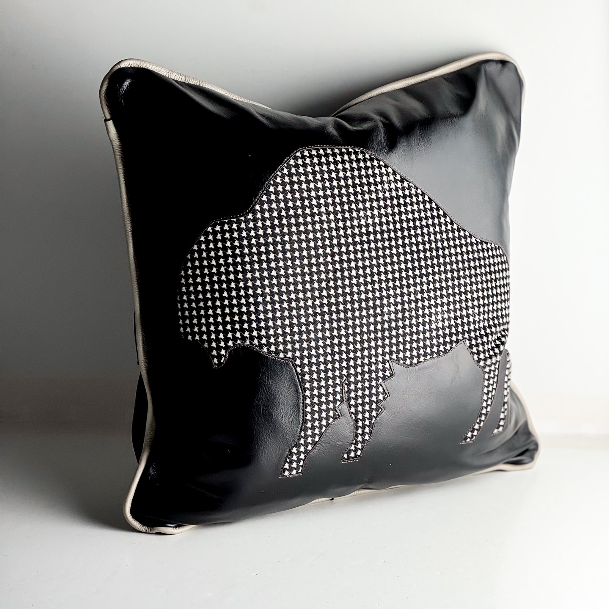 Home Collection | Square Pillow | Bison | Black + Houndstooth Hair-on-Hide