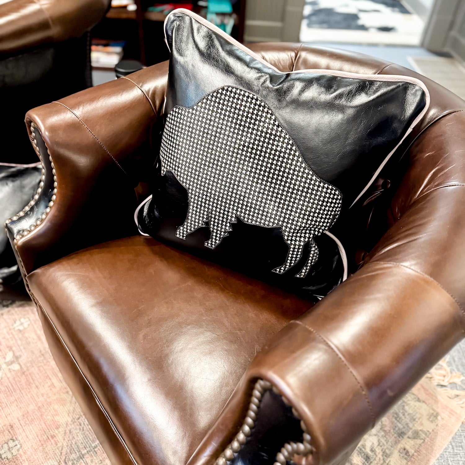 Home Collection | Square Pillow | Bison | Black + Houndstooth Hair-on-Hide