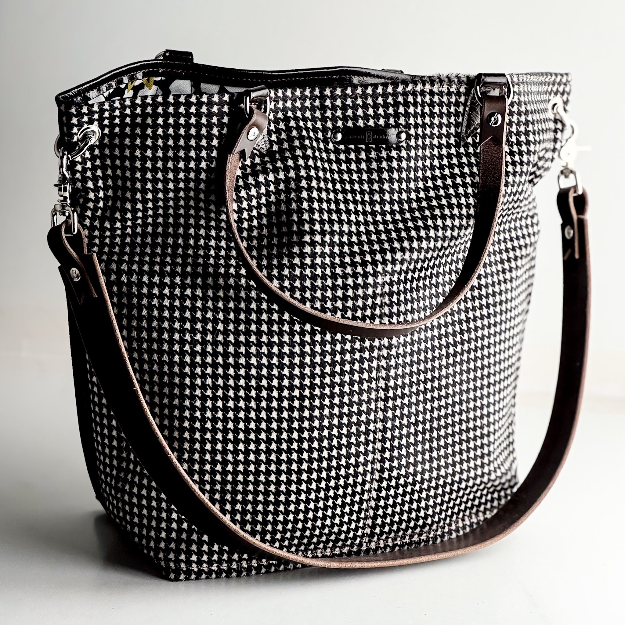 Midnight in Paris Collection | Lexington Shoulder Tote | Houndstooth Hair-on-Hide + Chocolate Truffle