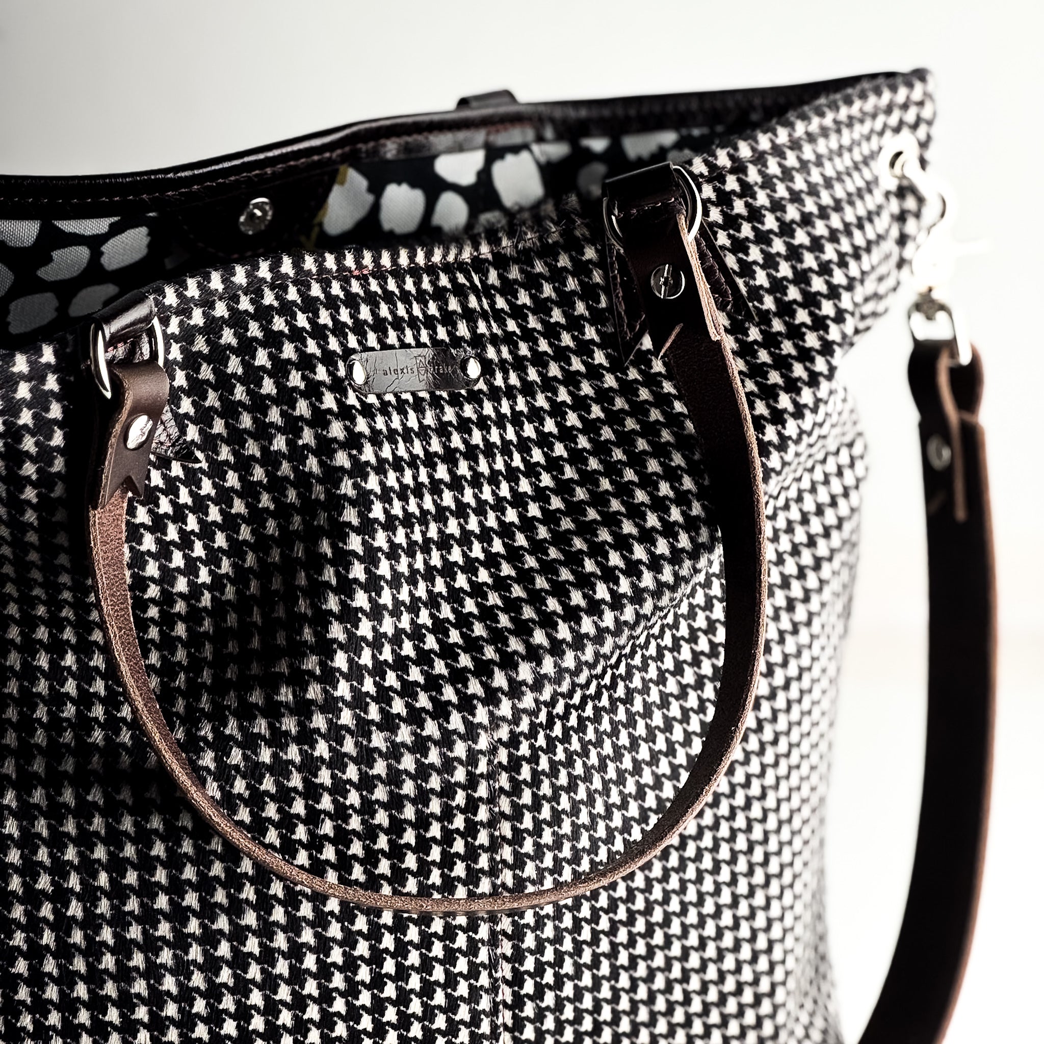 Midnight in Paris Collection | Lexington Shoulder Tote | Houndstooth Hair-on-Hide + Chocolate Truffle