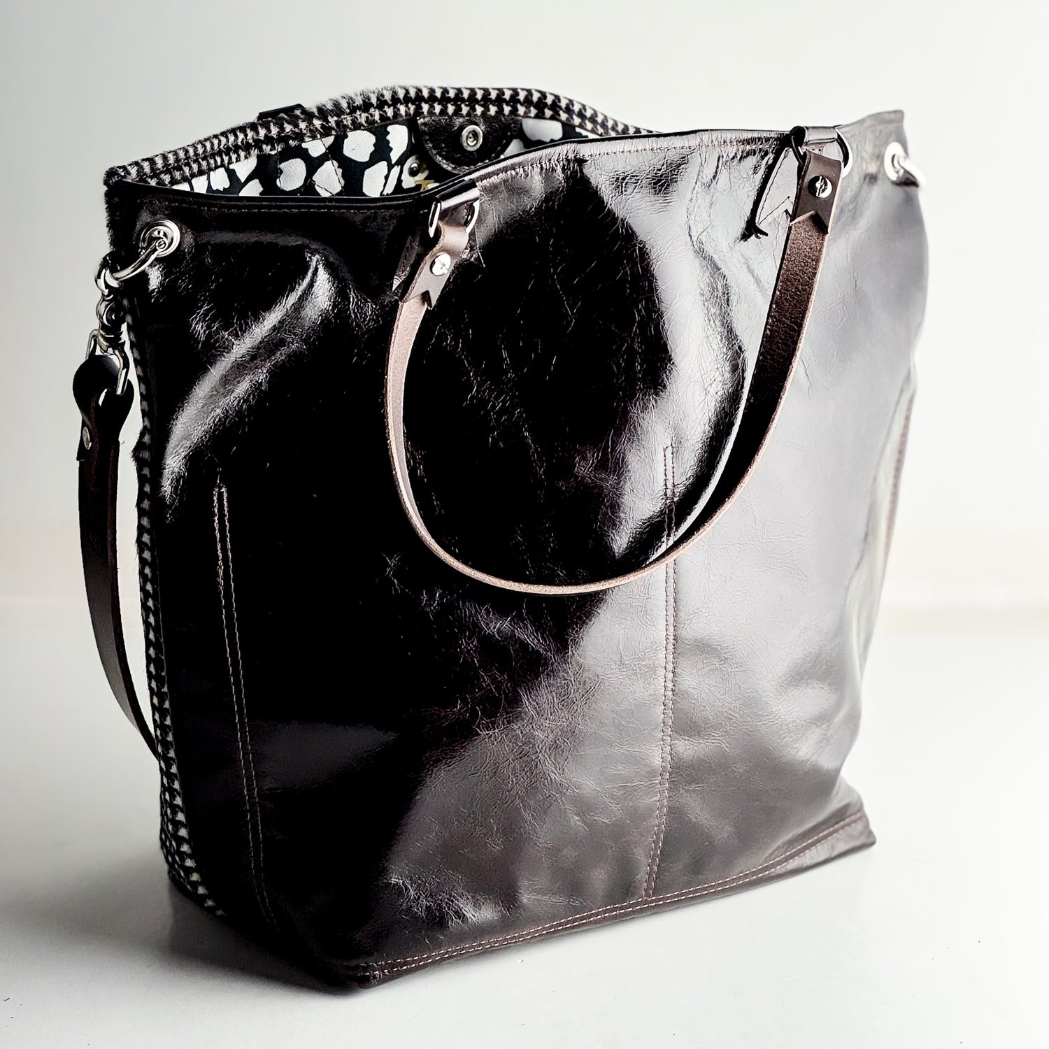 Midnight in Paris Collection | Lexington Shoulder Tote | Houndstooth Hair-on-Hide + Chocolate Truffle