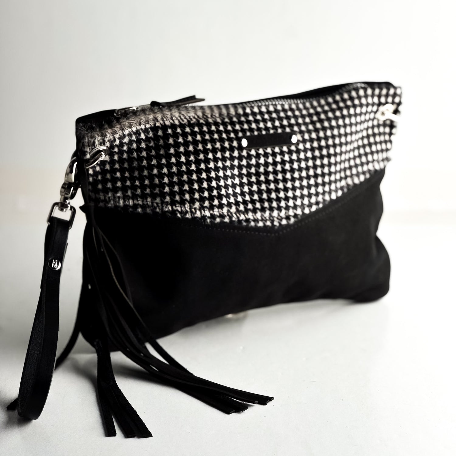 Midnight in Paris Collection | Jackie Clutch | Houndstooth Hair-on-Hide + Noir Suede
