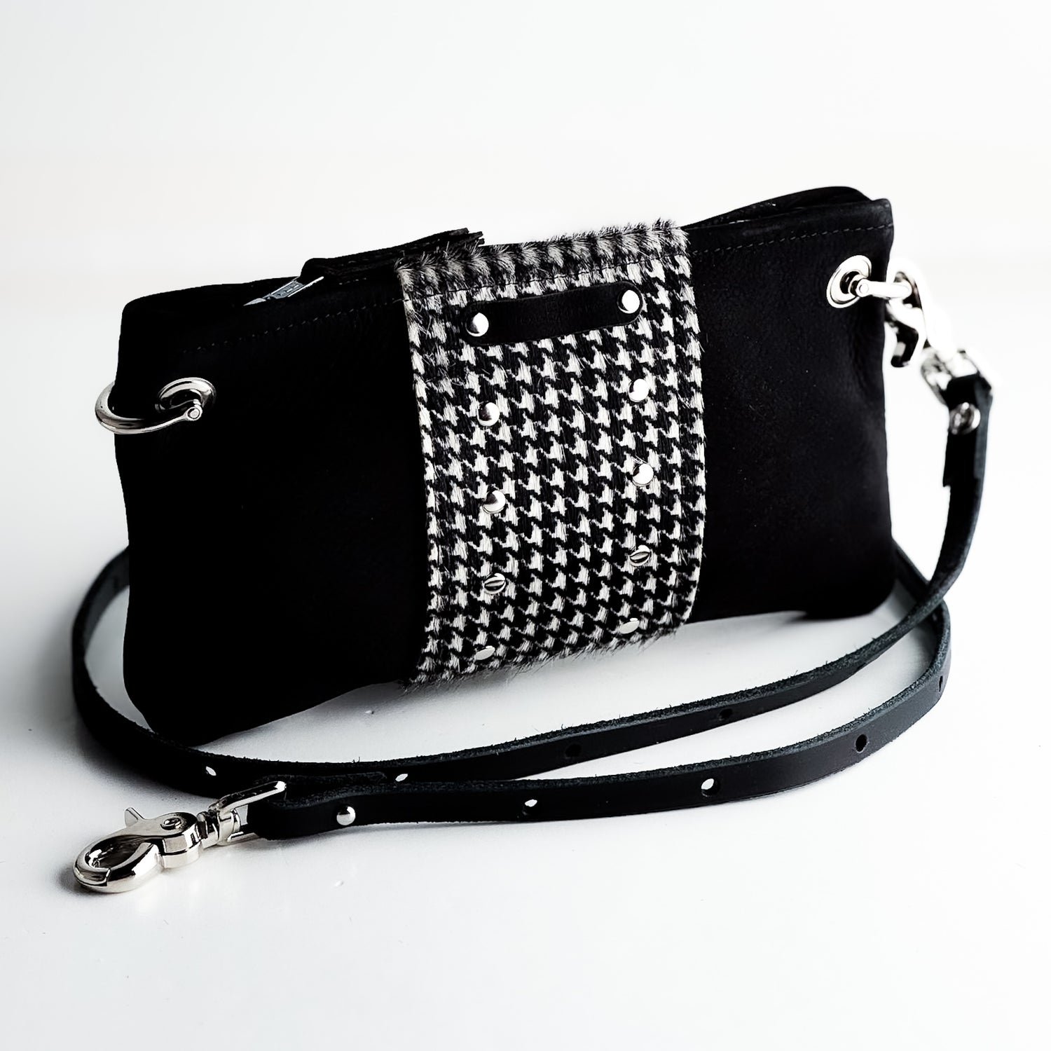 Midnight in Paris Collection | Belt Bag Clutch + Crossbody | Noir Suede + Houndstooth