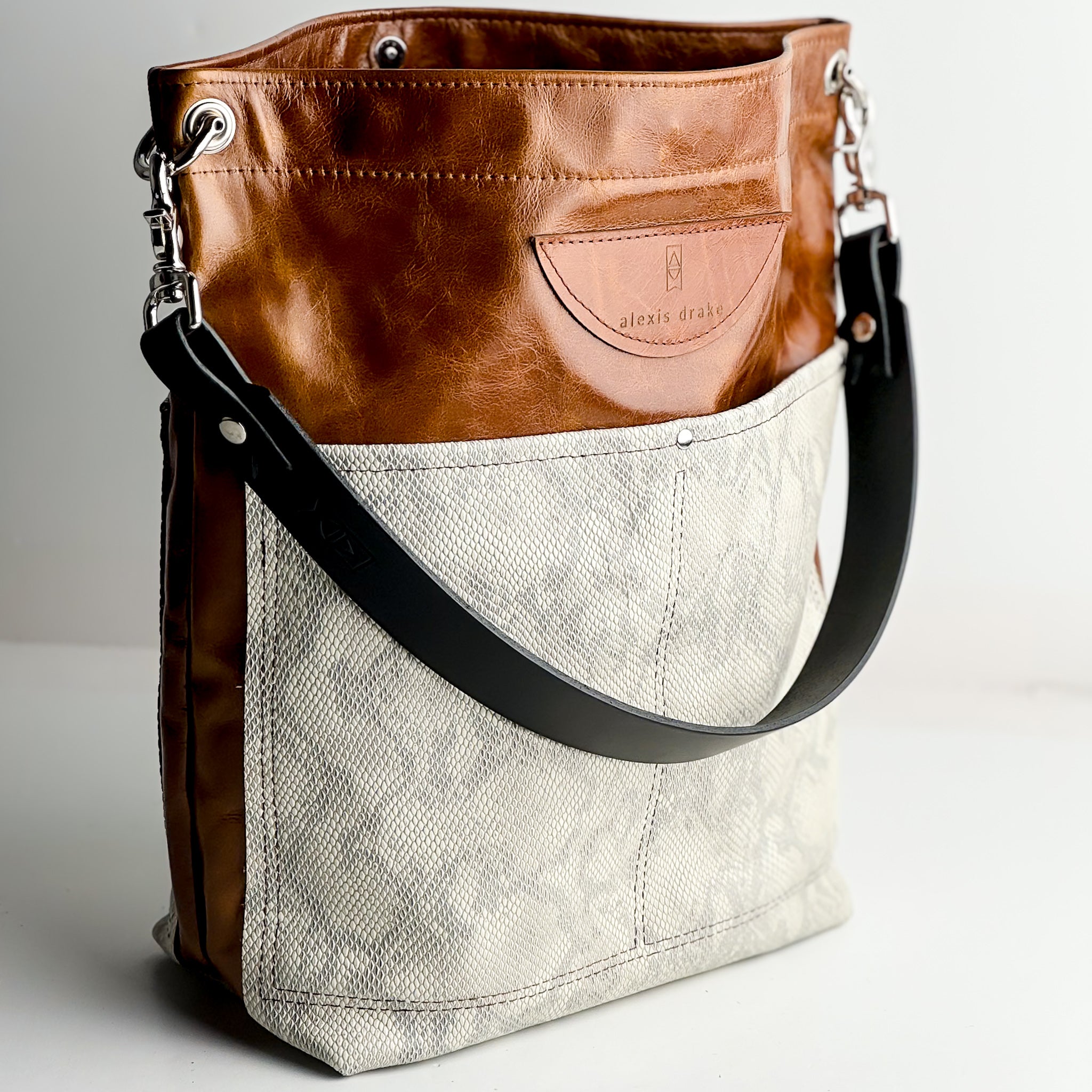 Western Woods Collection | Train Shoulder Tote | Bourbon + Winter Python